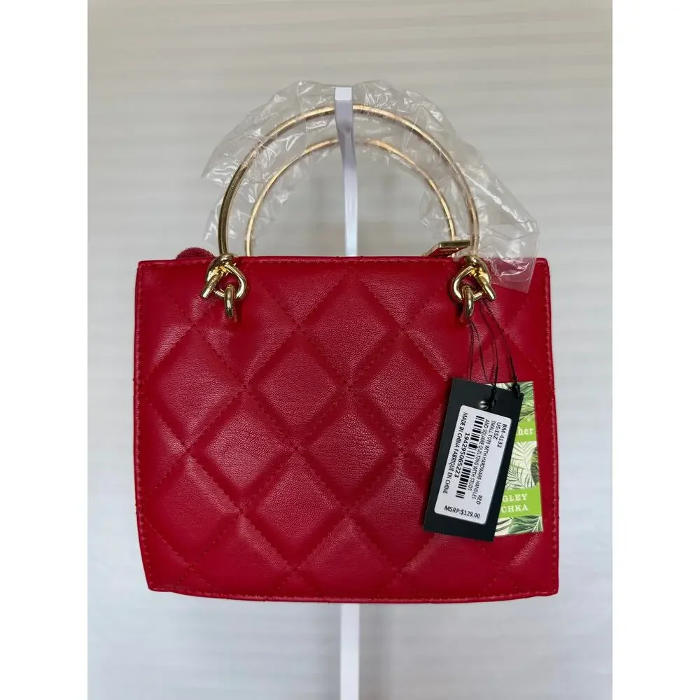 Badgley Mischka Red Quilted Studded Top Handle Satchel Crossbody NWT $129